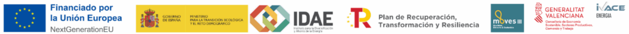 Logos institucionales: Financiado por la Unión Europea NextGenerationEU, Gobierno de España, IDAE, Plan de Recuperación, MOVES III, Generalitat Valenciana, IVACE